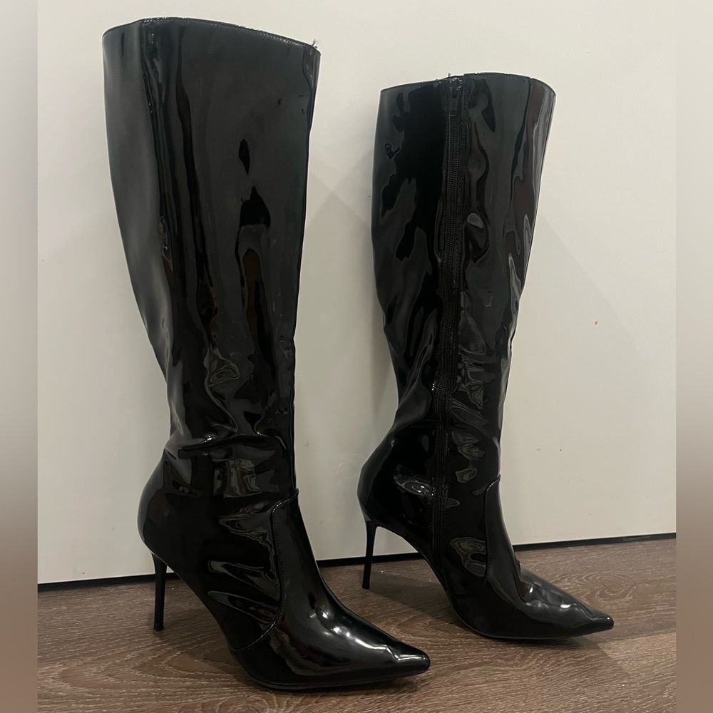 Fashion Nova Lennon Black Patent Knee High Boots